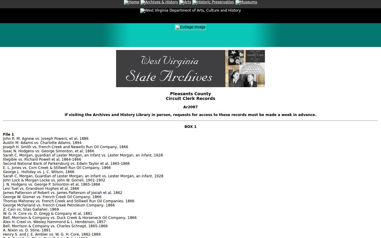 Pleasants County deed records research through the State Archives circuit case and plat finding aid