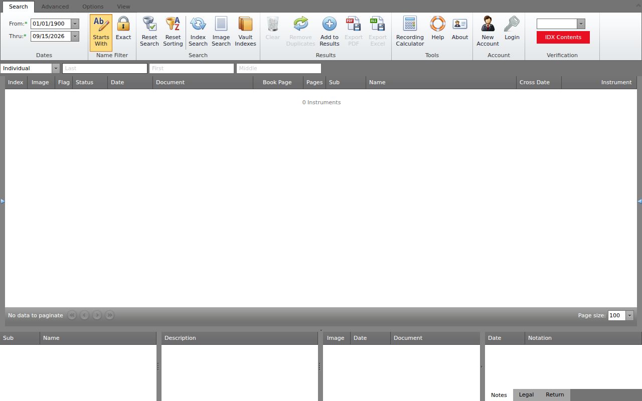 Pleasants County deed records index with party roles, document groups, date controls, and result tools