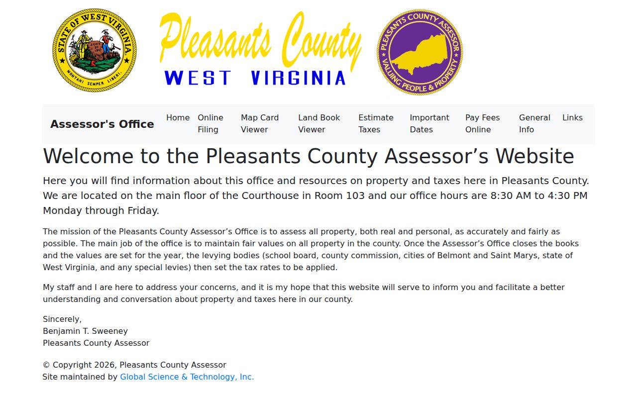 Pleasants County property records and property-search links on the official Assessor home page