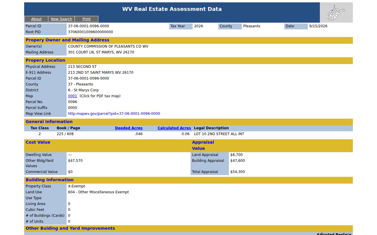 Pleasants County current owner record showing Owner(s), addresses, PID, and deed Book/Page